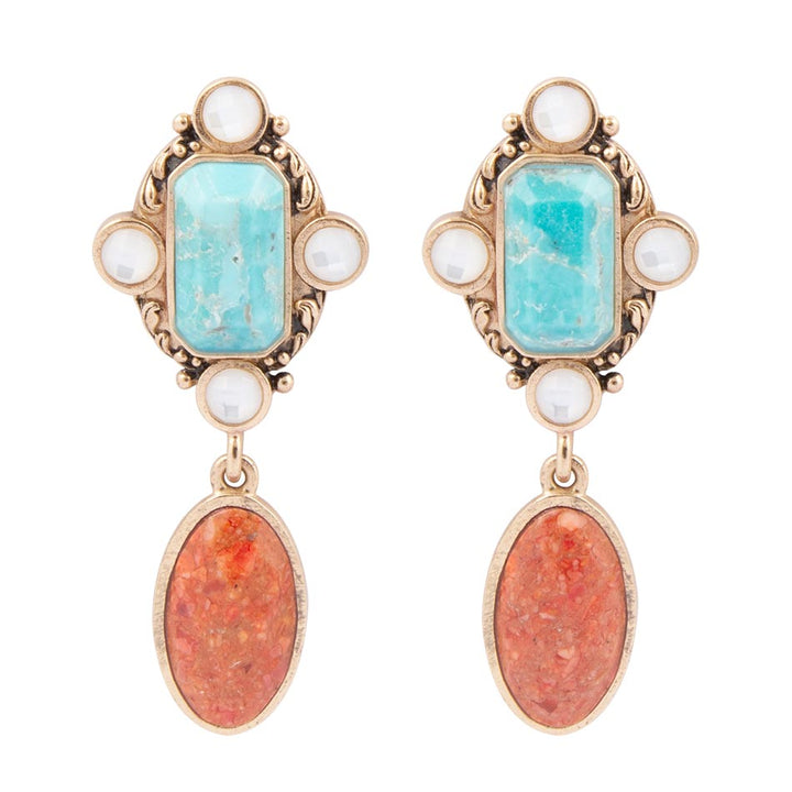 Champs turquoise coral golden drop earrings