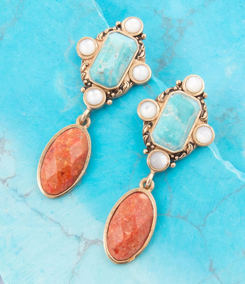 Champs turquoise coral golden drop earrings