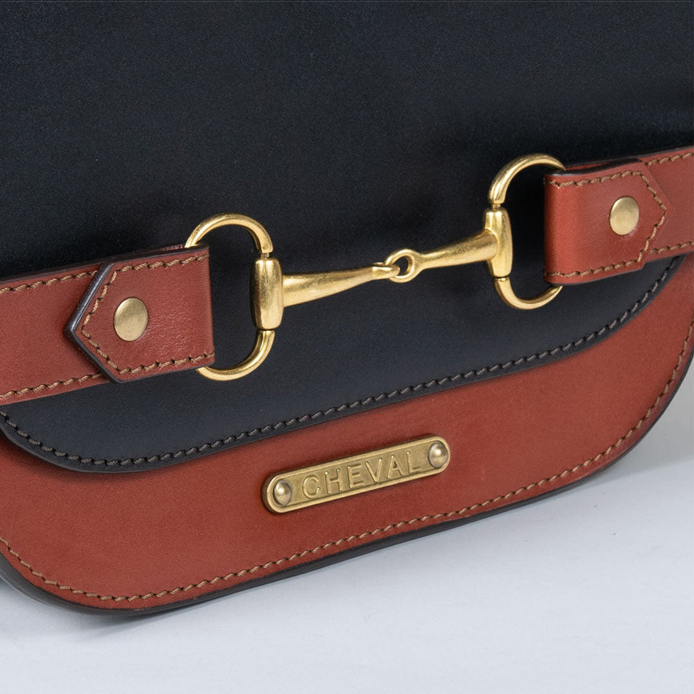 Saratoga- Horse Bit Crossbody Luxury Leather Handbag in Cognac On Black from KADOU Boutique