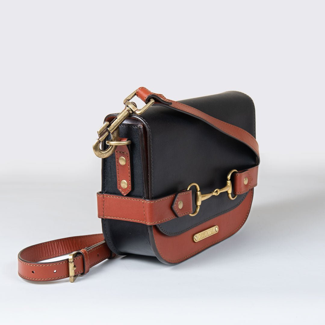 Saratoga- Horse Bit Crossbody Luxury Leather Handbag in Cognac on Black