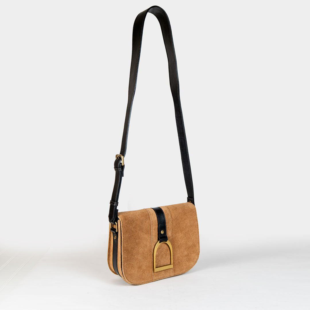Signature Stirrup - Riding Stirrup Crossbody Luxury Leather Handbag in Black on Chestnut