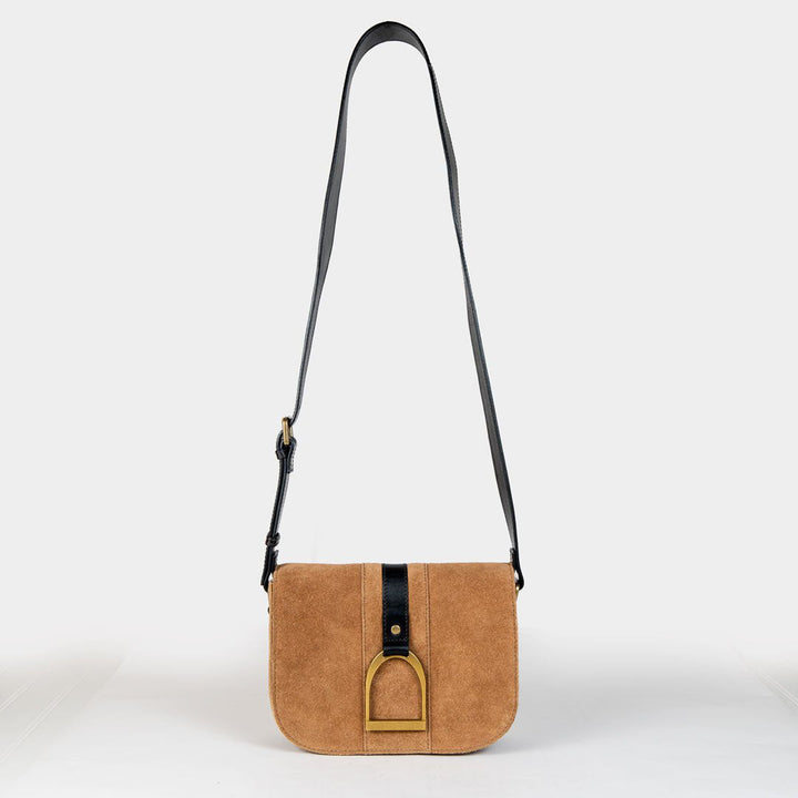 Signature Stirrup - Riding Stirrup Crossbody Luxury Leather Handbag in Black on Chestnut