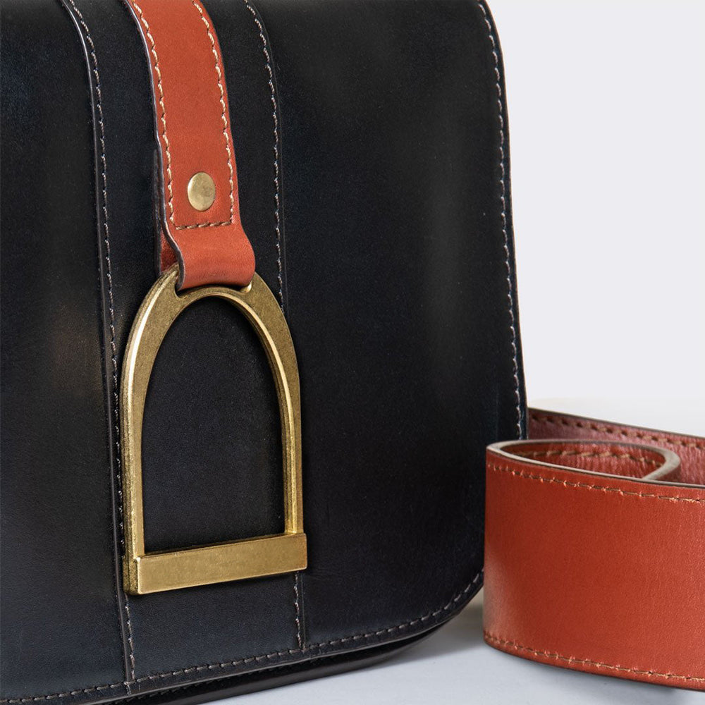 Signature Stirrup - Riding Stirrup Crossbody Luxury Leather Handbag in Cognac On Black from KADOU Boutique