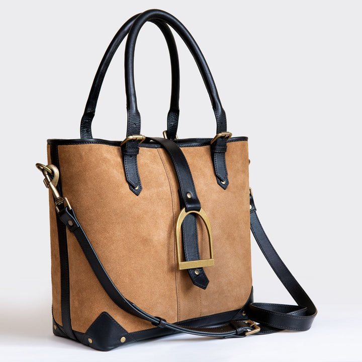 Signature - Riding Stirrup Tote Luxury Leather Handbag in Black on Chestnut