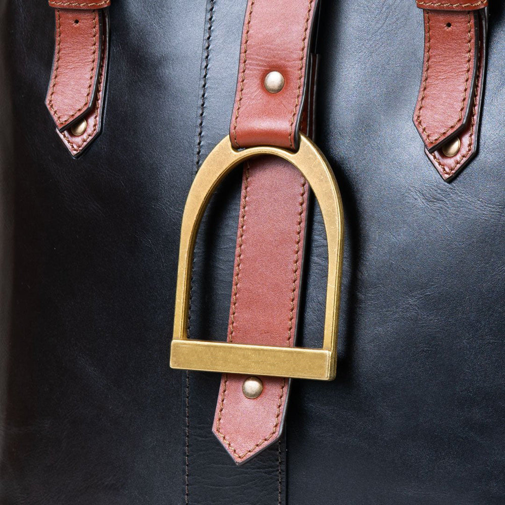 Signature - Riding Stirrup Tote Luxury Leather Handbag in Cognac On Black from KADOU Boutique