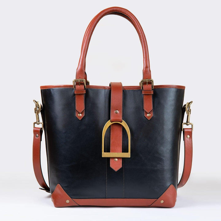 Signature - Riding Stirrup Tote Luxury Leather Handbag in Cognac on Black
