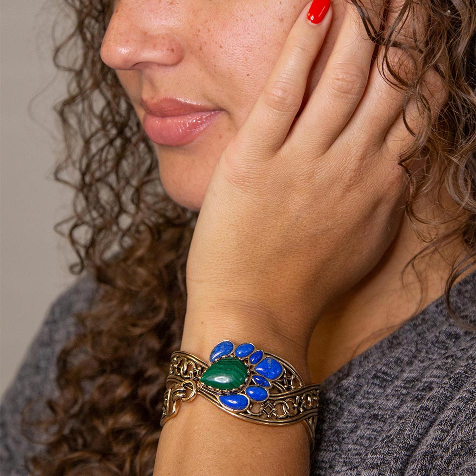 Cognate Green Malachite and Blue Lapis Golden Cuff Bracelet from KADOU Boutique