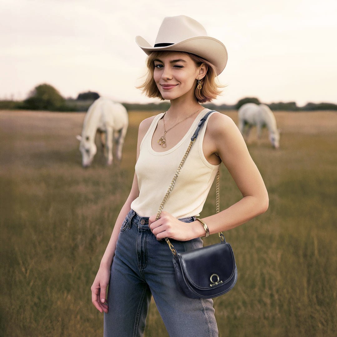 Coronado- Horse Bit Lock Luxury Leather Crossbody Handbag in Black