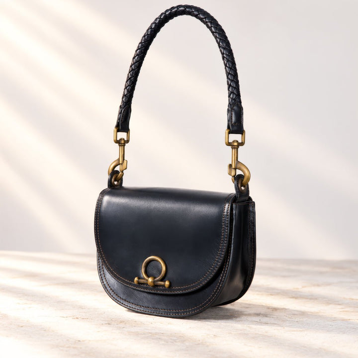 Coronado- Horse Bit Lock Luxury Leather Handbag in Black