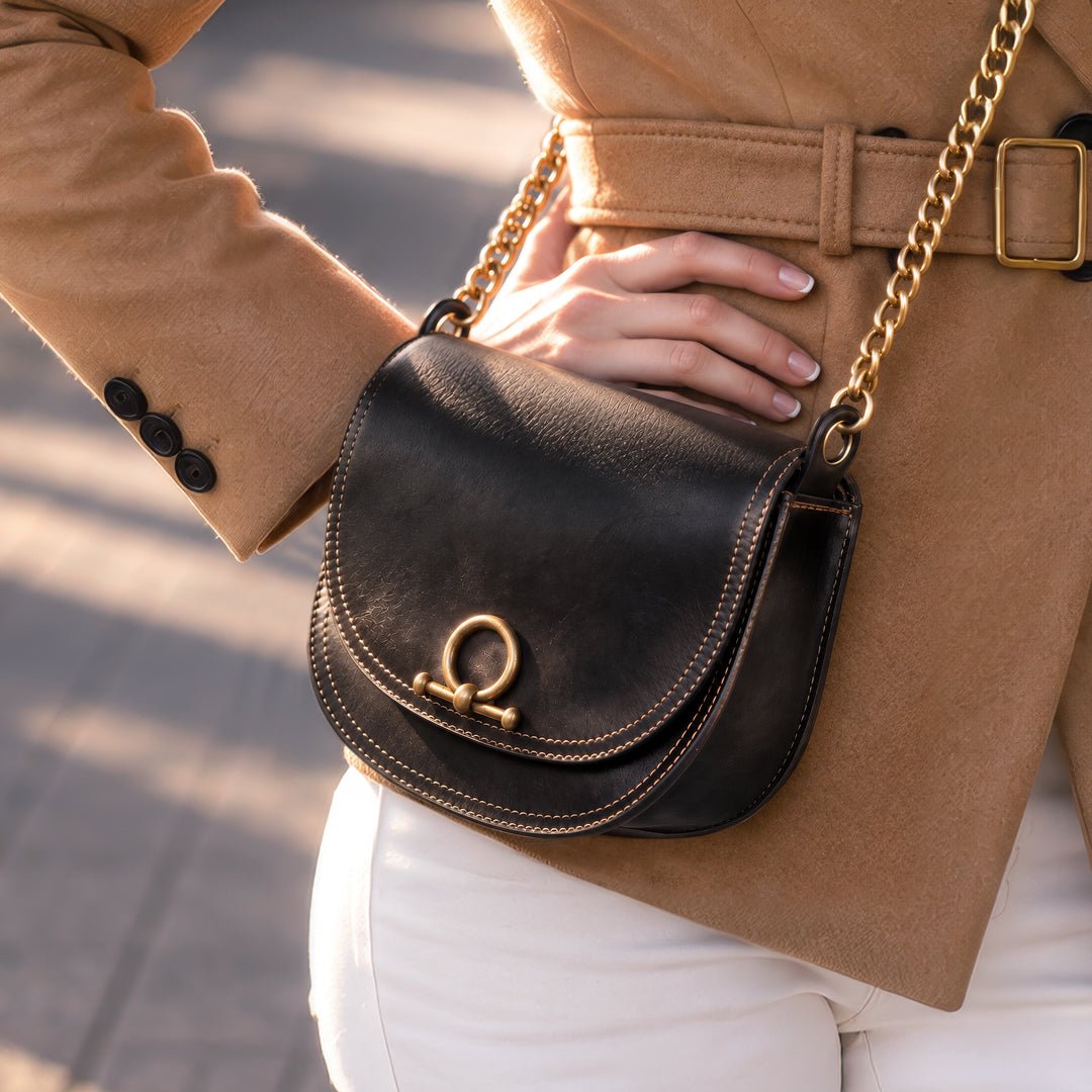 Coronado- Horse Bit Lock Luxury Leather Handbag in Black