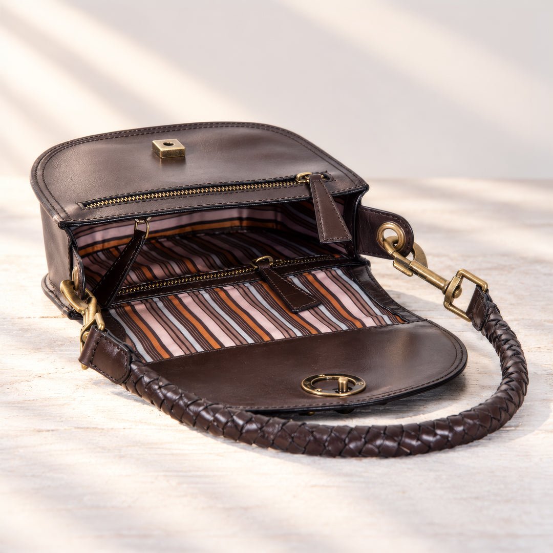 Coronado- Horse Bit Lock Luxury Leather Handbag in Deep Brown