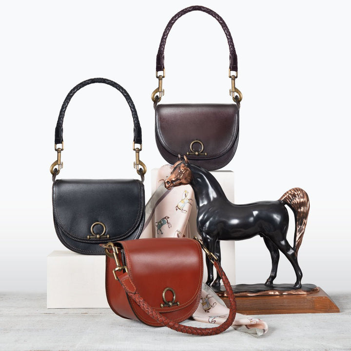 Coronado- Horse Bit Lock Luxury Leather Crossbody Handbag in Cognac