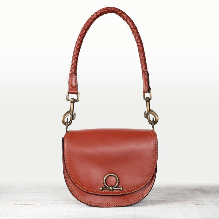 Coronado- Horse Bit Lock Luxury Leather Crossbody Handbag in Cognac