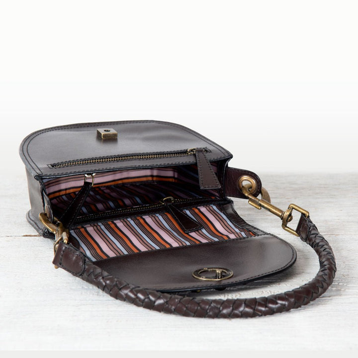 Coronado- Horse Bit Lock Luxury Leather Crossbody Handbag in Deep Brown