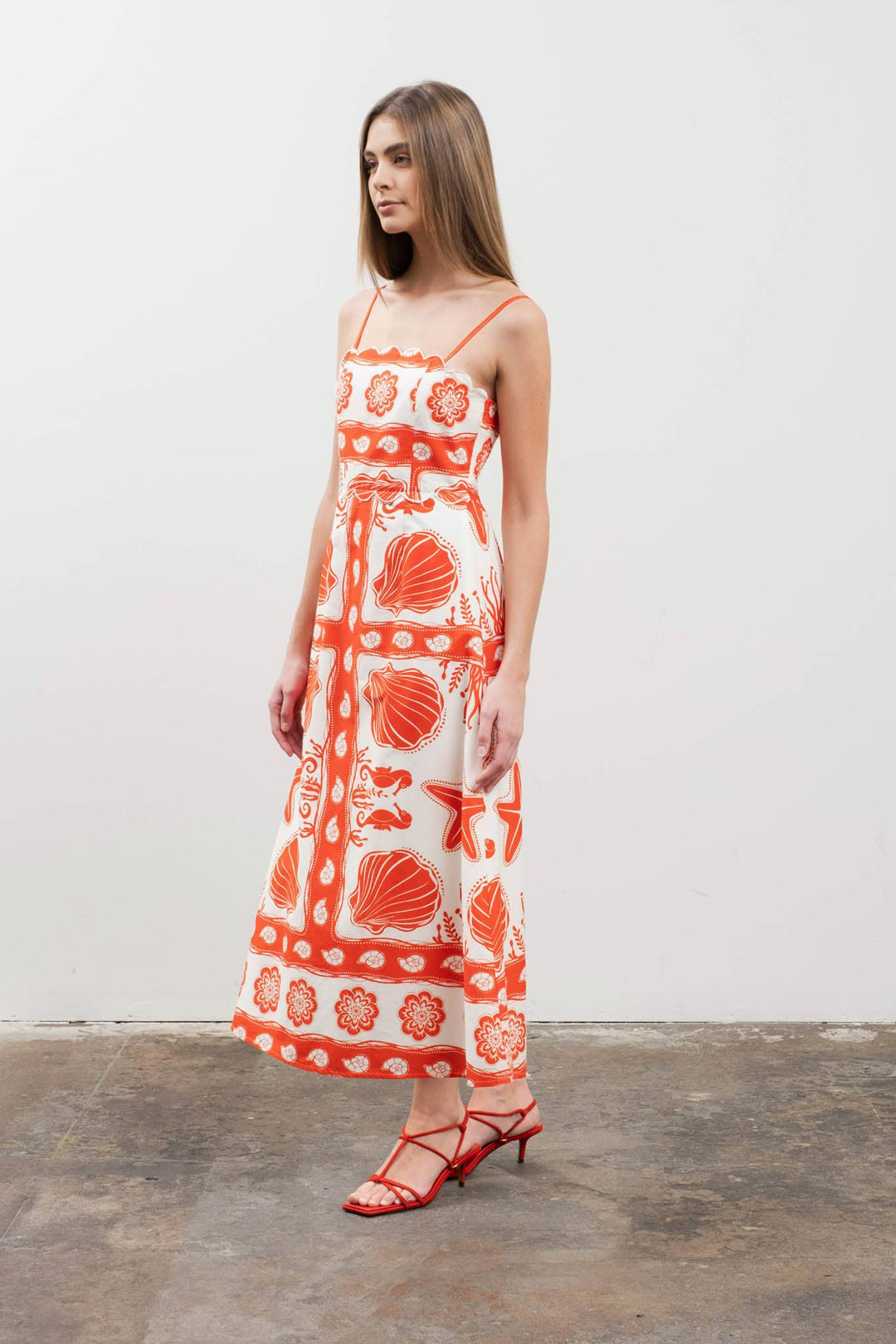 Sea Print Scallop Midi Dress