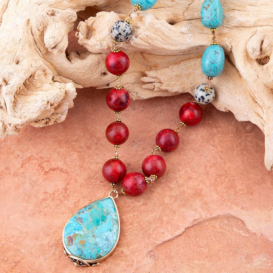 Blue and Red Turquoise Teardrop Golden Necklace from KADOU Boutique