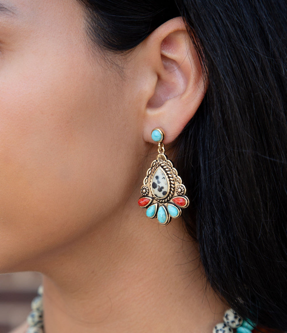 Dalmatian Jasper Colorful Golden Drop Earrings from KADOU Boutique
