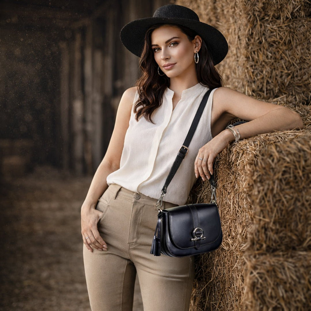 Del Rey - Equestrian Horse Bit Crossbody Luxury Leather Handbag in Black from KADOU Boutique