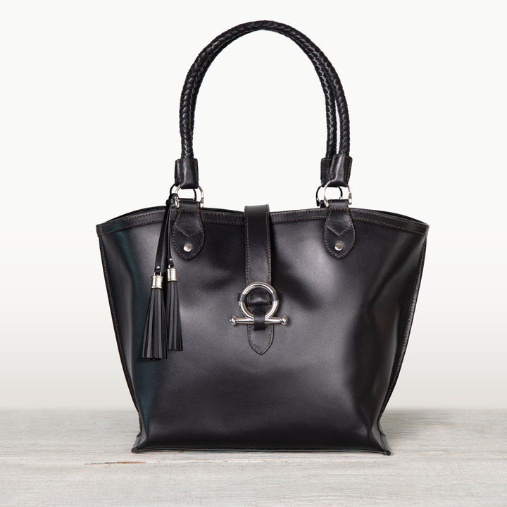 Del Rey -Horse Bit Tote Luxury Leather Handbag in Black