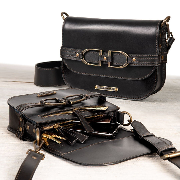 Delaney - Equestrian Stirrup Crossbody Luxury Leather Handbag in Black