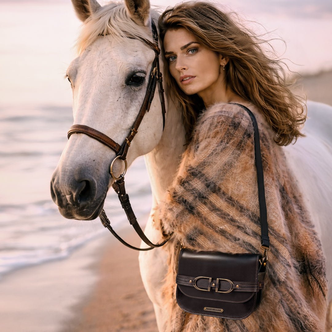 Delaney - Equestrian Stirrup Crossbody Luxury Leather Handbag in Black