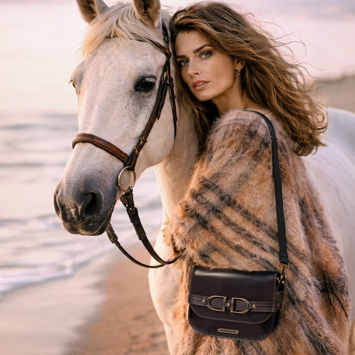 Delaney - Equestrian Stirrup Crossbody Luxury Leather Handbag in Black