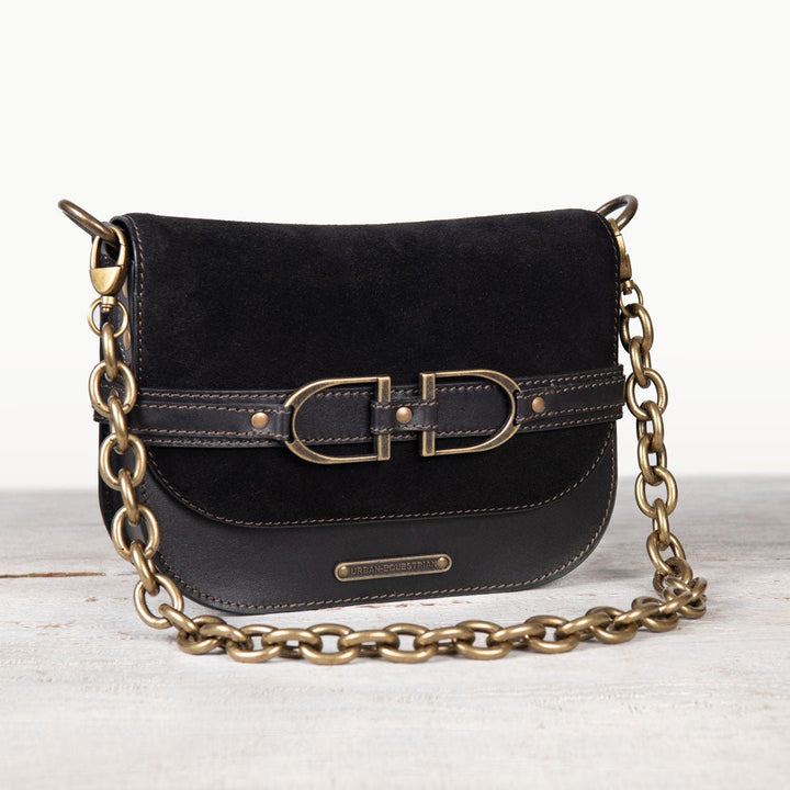 Delaney - Equestrian Stirrup Crossbody Luxury Leather Handbag in Black on Black
