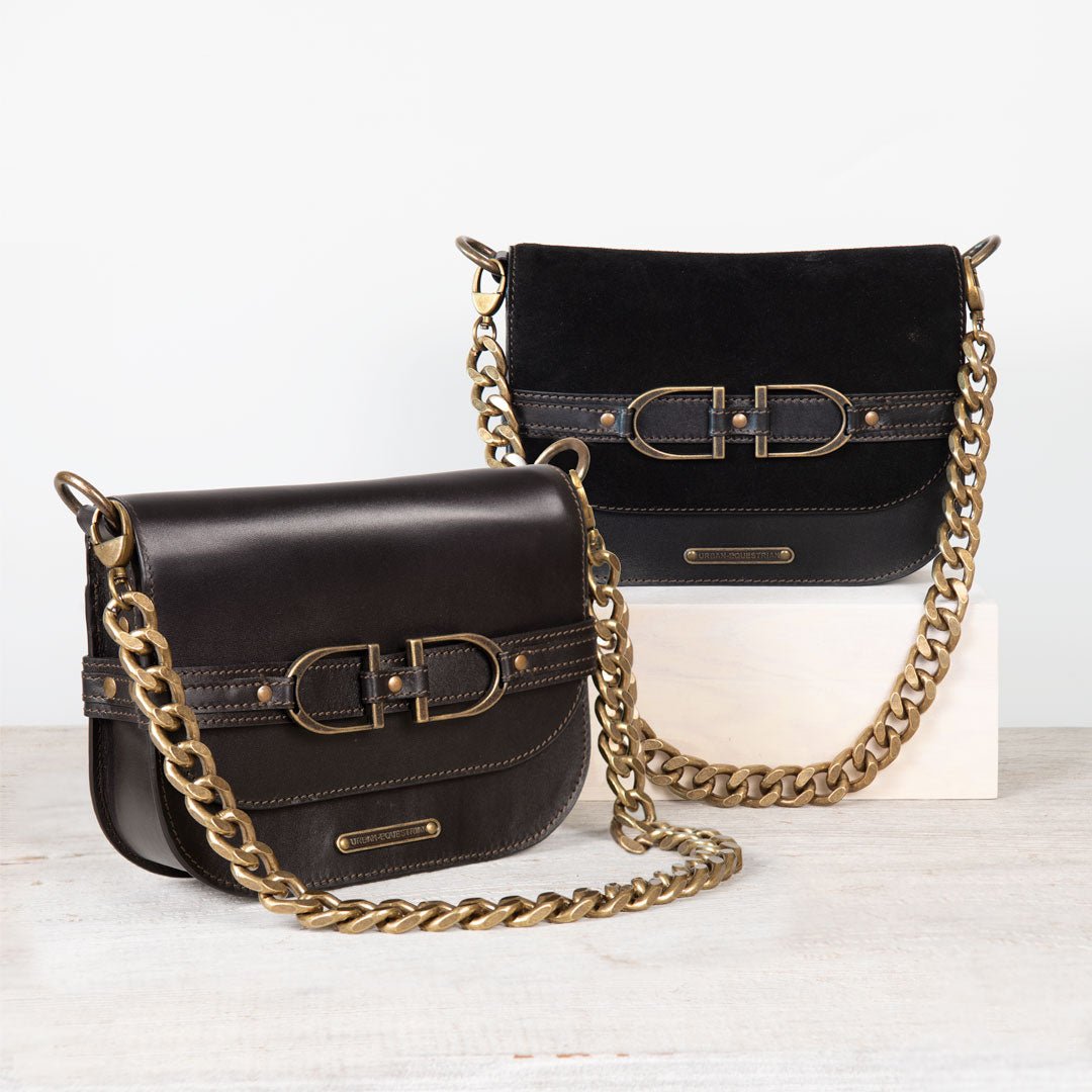 Delaney - Equestrian Stirrup Crossbody Luxury Leather Handbag in Black on Black