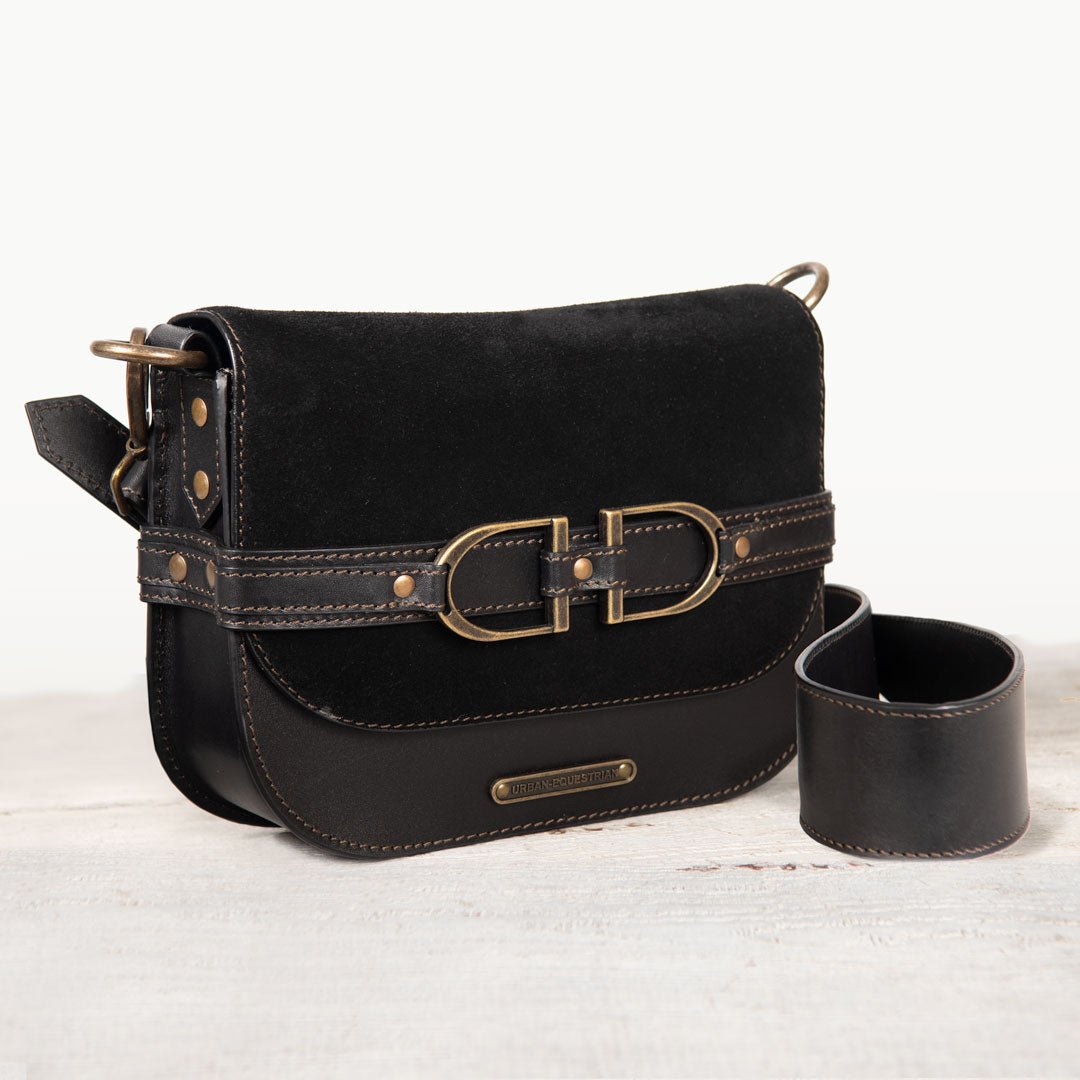 Delaney - Equestrian Stirrup Crossbody Luxury Leather Handbag in Black on Black