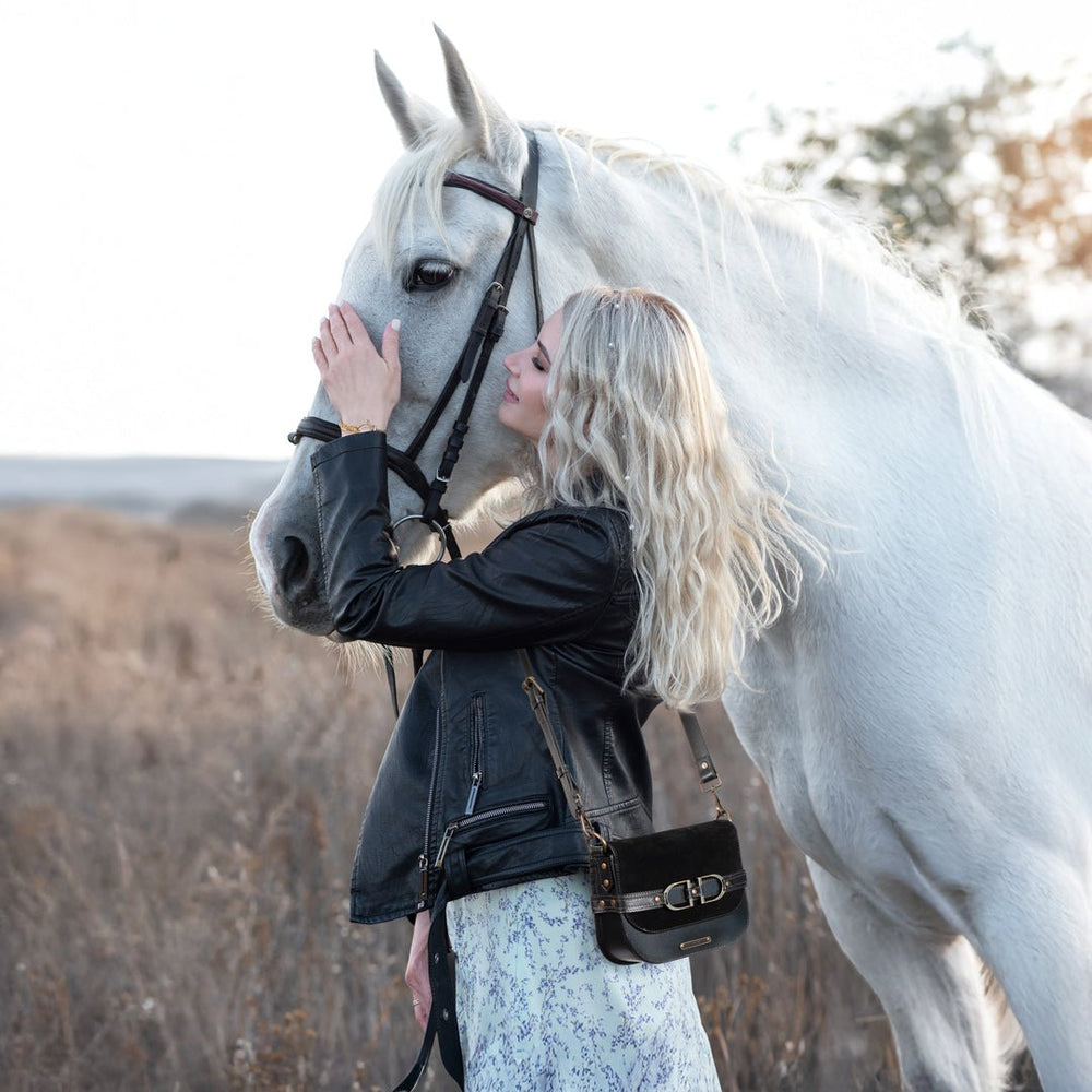 Delaney - Equestrian Stirrup Crossbody Luxury Leather Handbag in Black On Black from KADOU Boutique