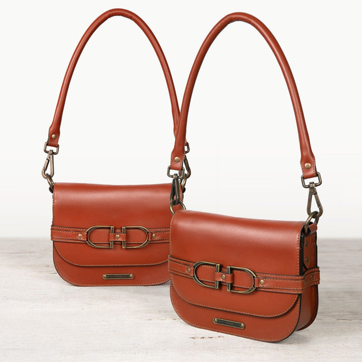 Delaney - Equestrian Stirrup Crossbody Luxury Leather Handbag in Cognac