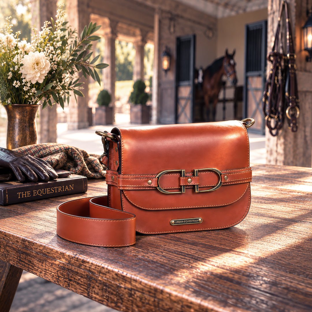 Delaney - Equestrian Stirrup Crossbody Luxury Leather Handbag in Cognac