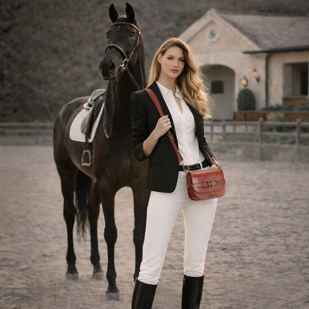 Delaney - Equestrian Stirrup Crossbody Luxury Leather Handbag in Cognac from KADOU Boutique