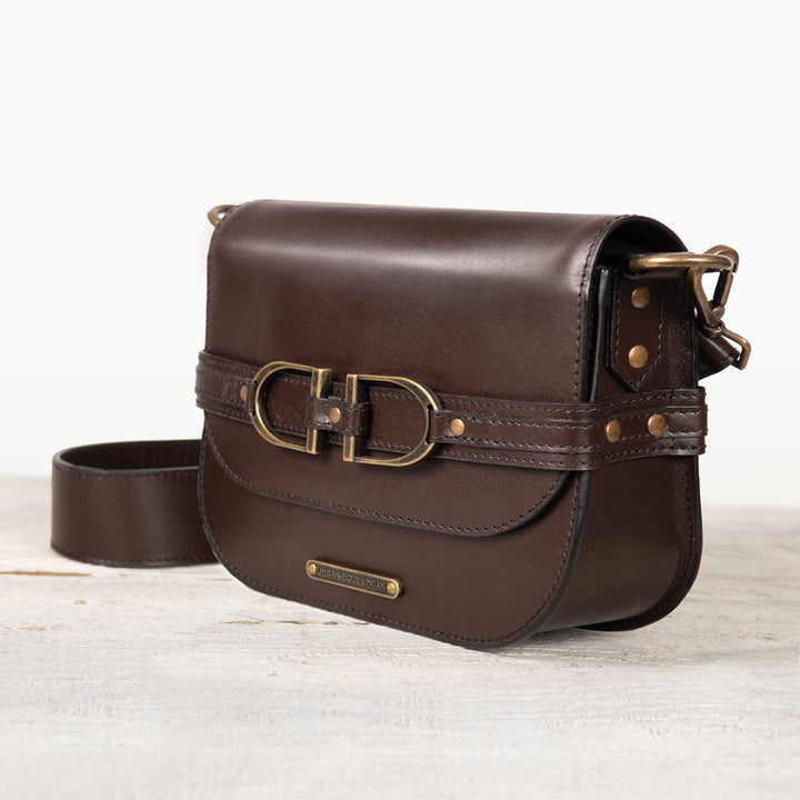 Delaney - Equestrian Stirrup Crossbody Luxury Leather Handbag in Deep Brown