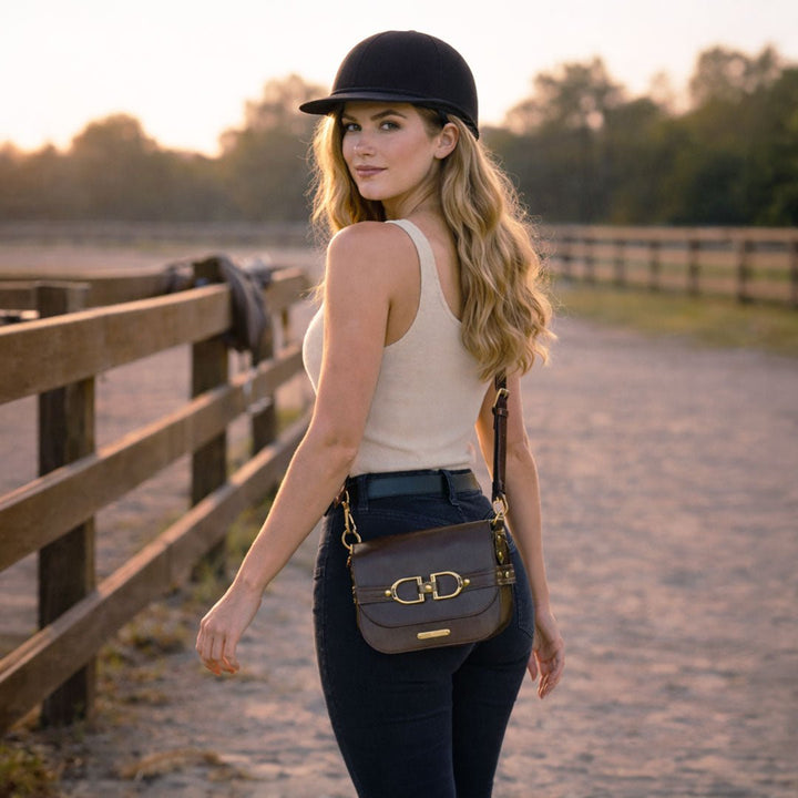Delaney - Equestrian Stirrup Crossbody Luxury Leather Handbag in Deep Brown