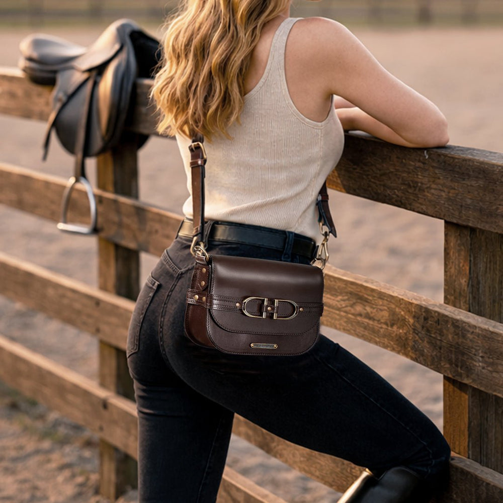 Delaney - Equestrian Stirrup Crossbody Luxury Leather Handbag in Deep Brown from KADOU Boutique
