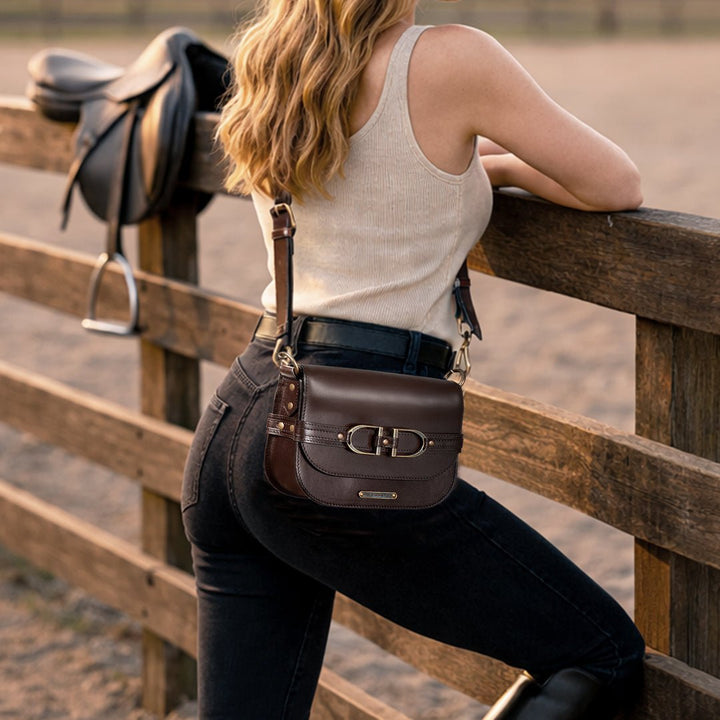 Delaney - Equestrian Stirrup Crossbody Luxury Leather Handbag in Deep Brown