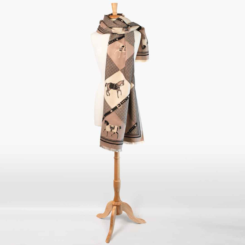 Della - Taupe Equestrian Motif Luxe Shawl from KADOU Boutique