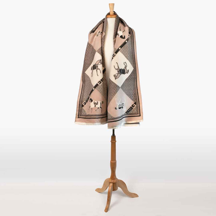 Della -  Taupe Equestrian Motif Luxe Shawl