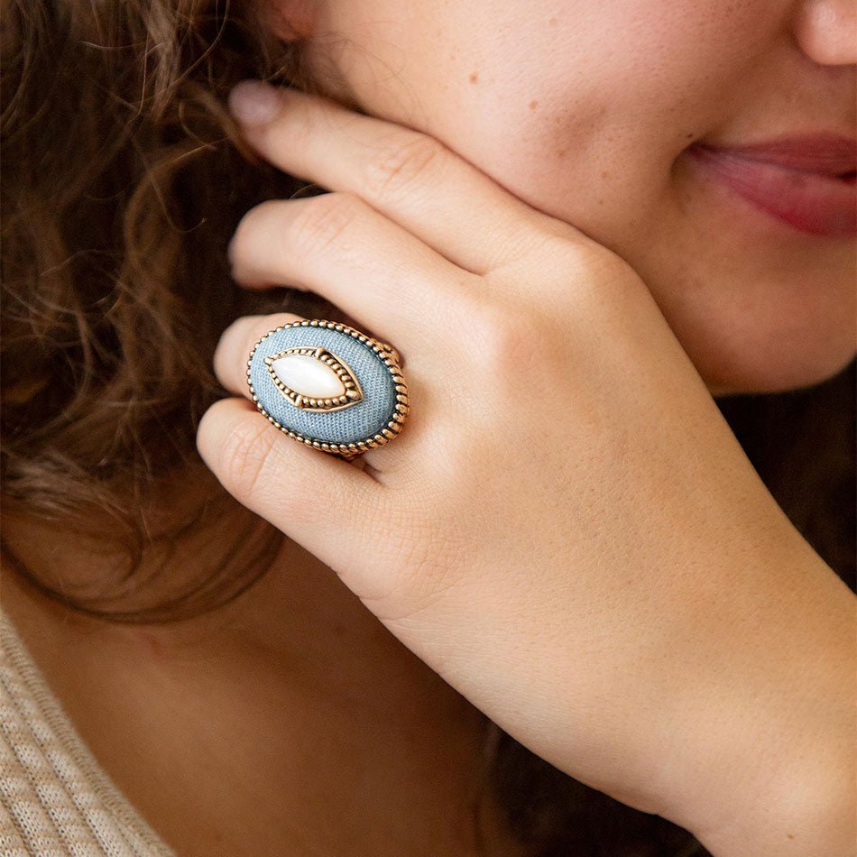Denim Dreams White Mother of Pearl Golden Statement Ring from KADOU Boutique