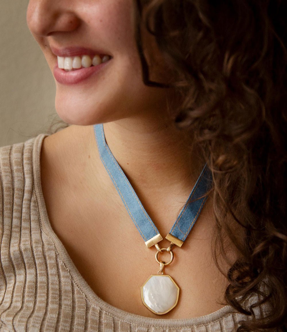 Blue Denim Dreams White Mother of Pearl Ribbon Golden Pendant Necklace from KADOU Boutique