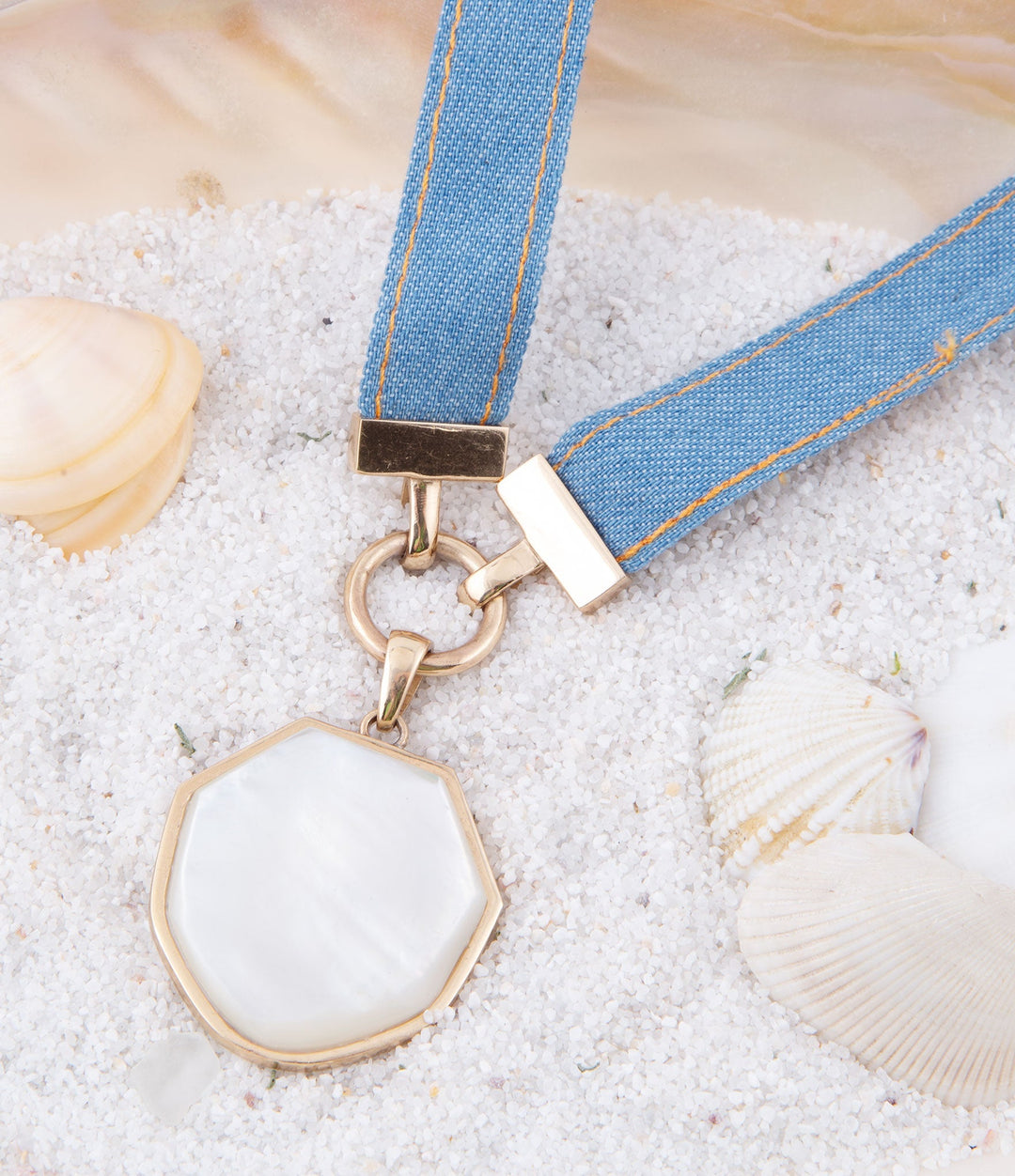 Blue Denim Dreams White Mother of Pearl Ribbon Golden Pendant Necklace