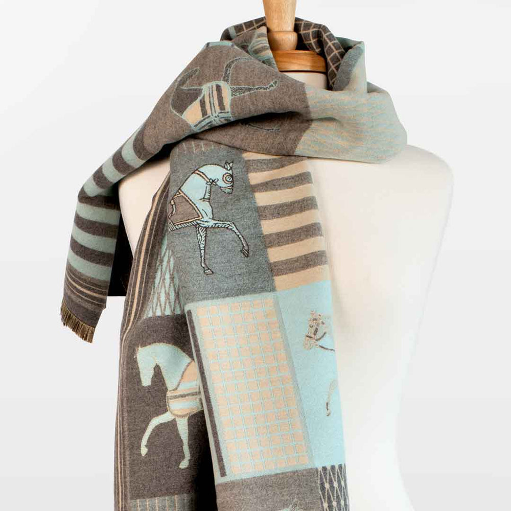 Devon - Aqua Equestrian Motif Luxe Shawl from KADOU Boutique
