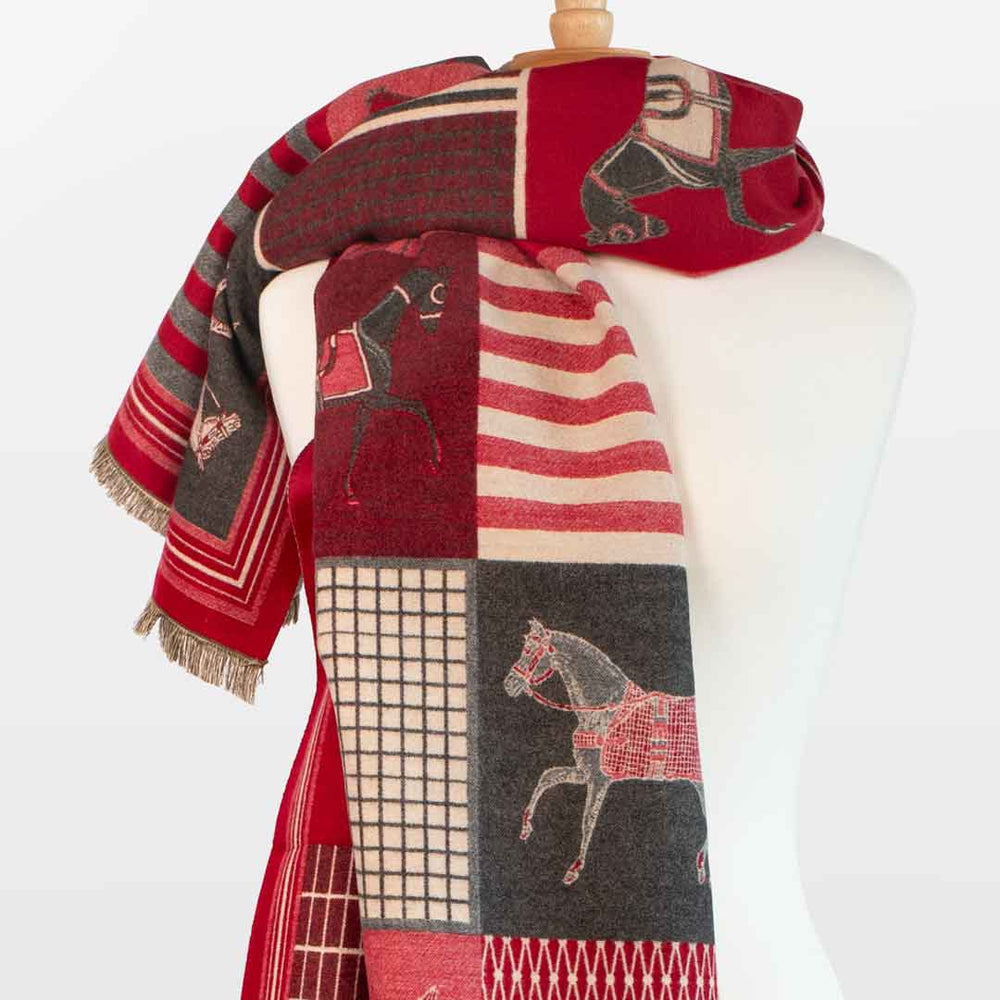 Devon - Crimson Equestrian Motif Luxe Shawl from KADOU Boutique