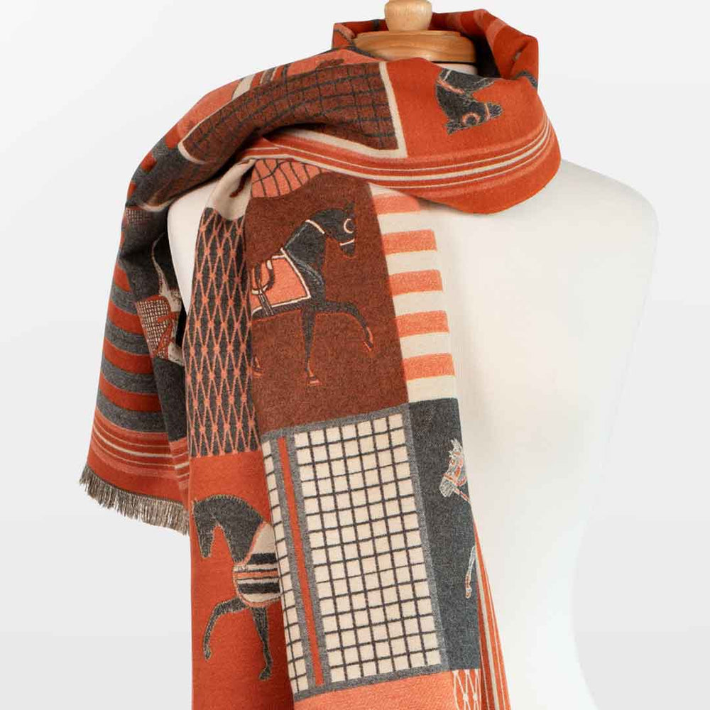 Devon - Tangerine Equestrian Motif Luxe Shawl from KADOU Boutique
