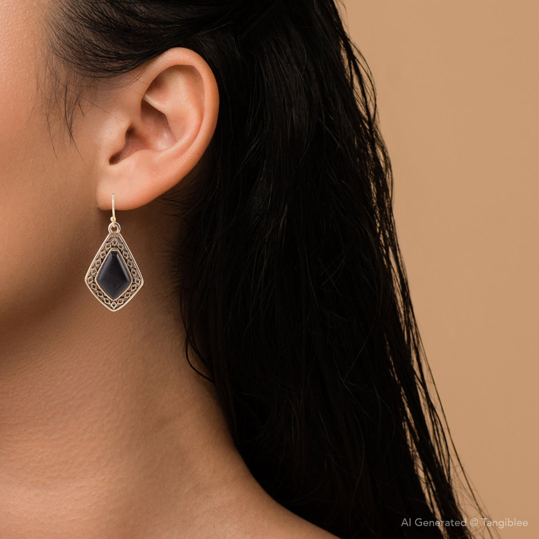 Diamond Black Onyx Stone Golden Drop Earrings