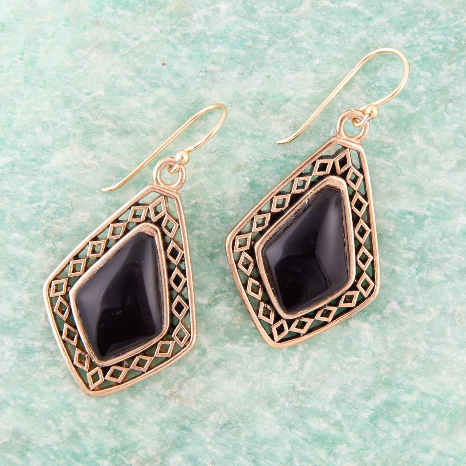 Diamond Black Onyx Stone Golden Drop Earrings from KADOU Boutique