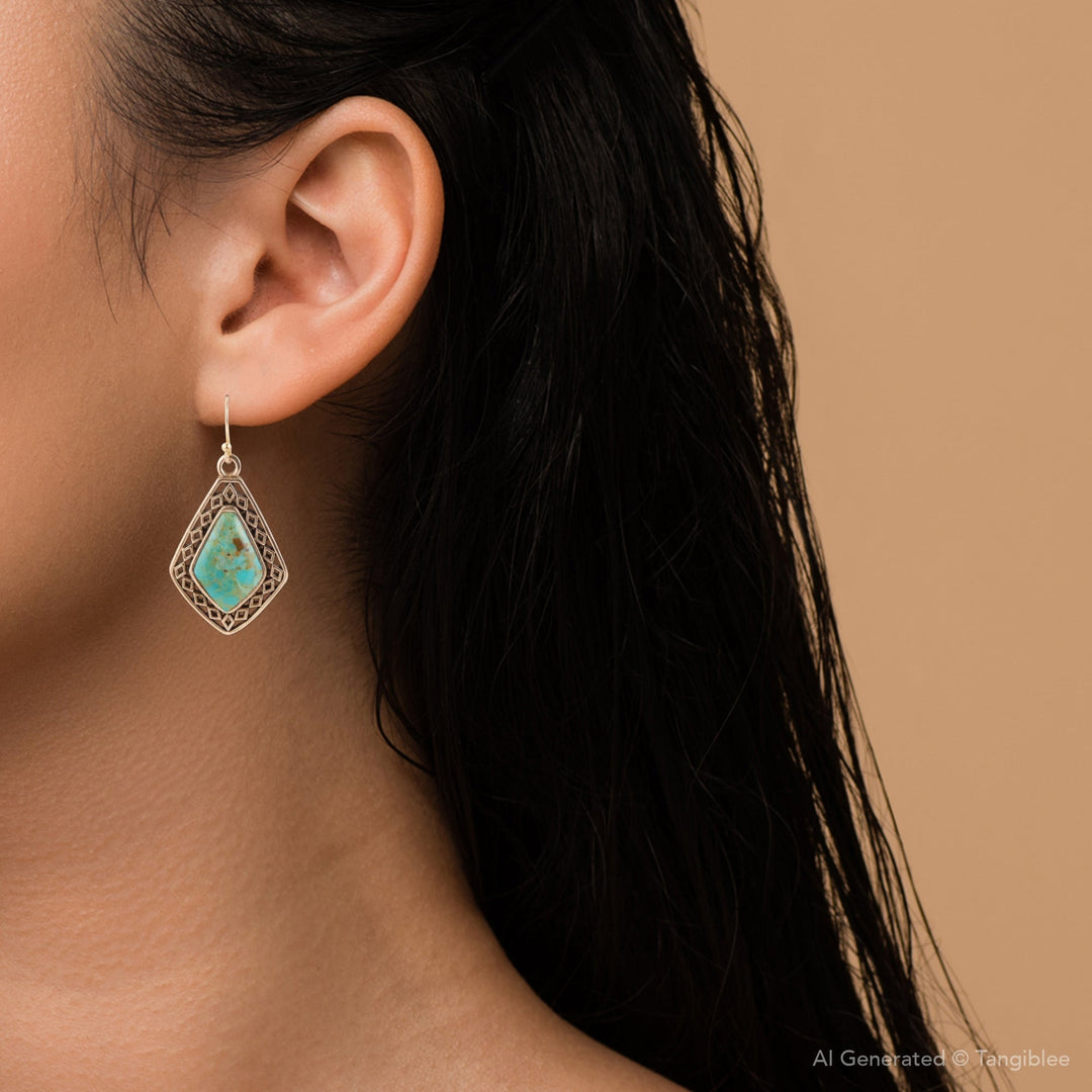 Dimond Blue Turquoise Stone Golden Drop Earrings