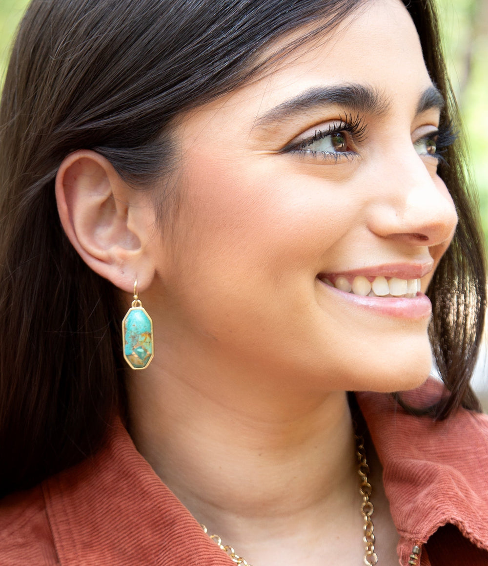 Dolce Teal Blue Turquoise Matrix Golden Drop Earrings from KADOU Boutique