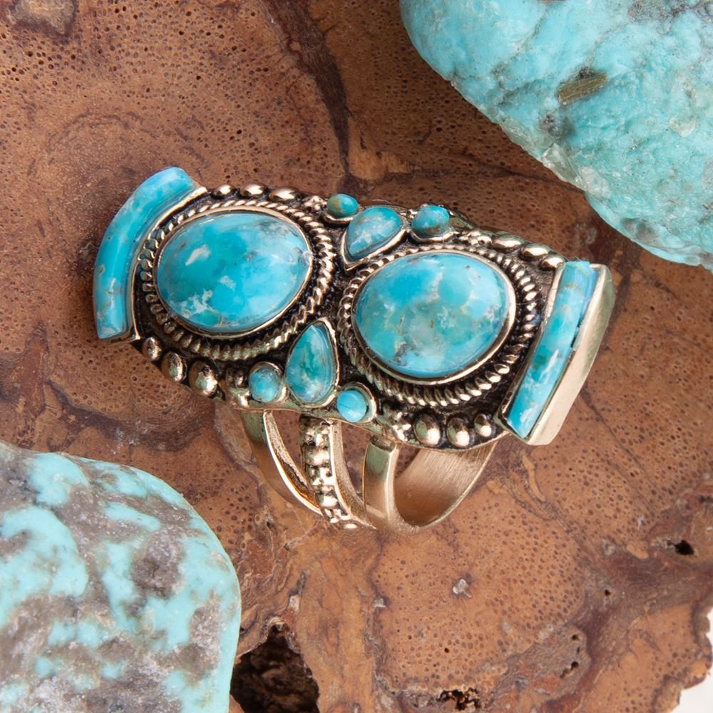 Double Blue Turquoise Golden Shield Ring from KADOU Boutique